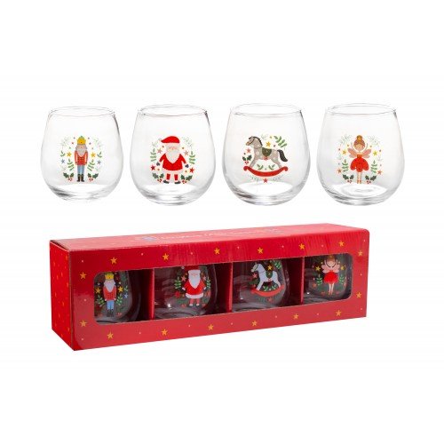 SANTA & THE NUTCRACKER DRINKING GLASSES 4PK