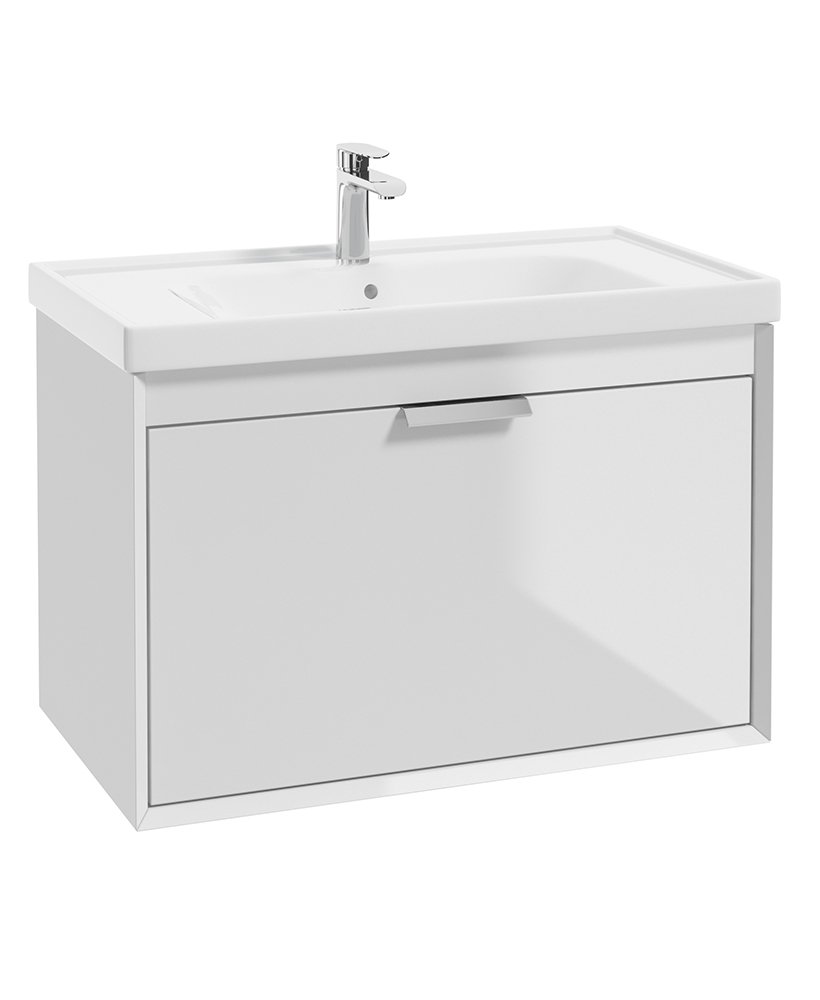 FJORD Wall Hung 80cm Two Drawer Vanity Unit Gloss White - Brushed Chrome Handles